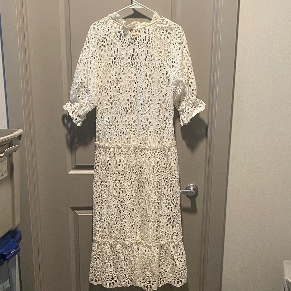 Eyelet Lace Midi Dress Latte Boho Cottagecore Tiered Long Sleeve Dress Bridal - Picture 11 of 11